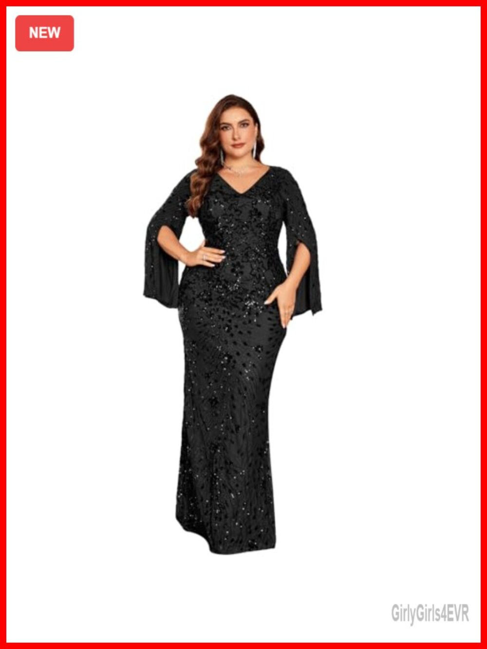 Plus Size Formal Evening Gown Sequin Embroidered Cape Sleeve V-Neck Maxi Dress